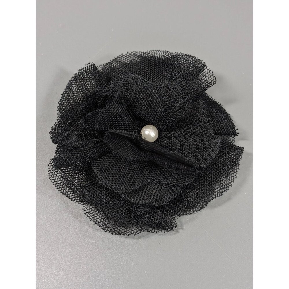 Vintage‎ 90s Black Tulle Rosette Brooch Hair Clip Faux Pearl Goth Y2K